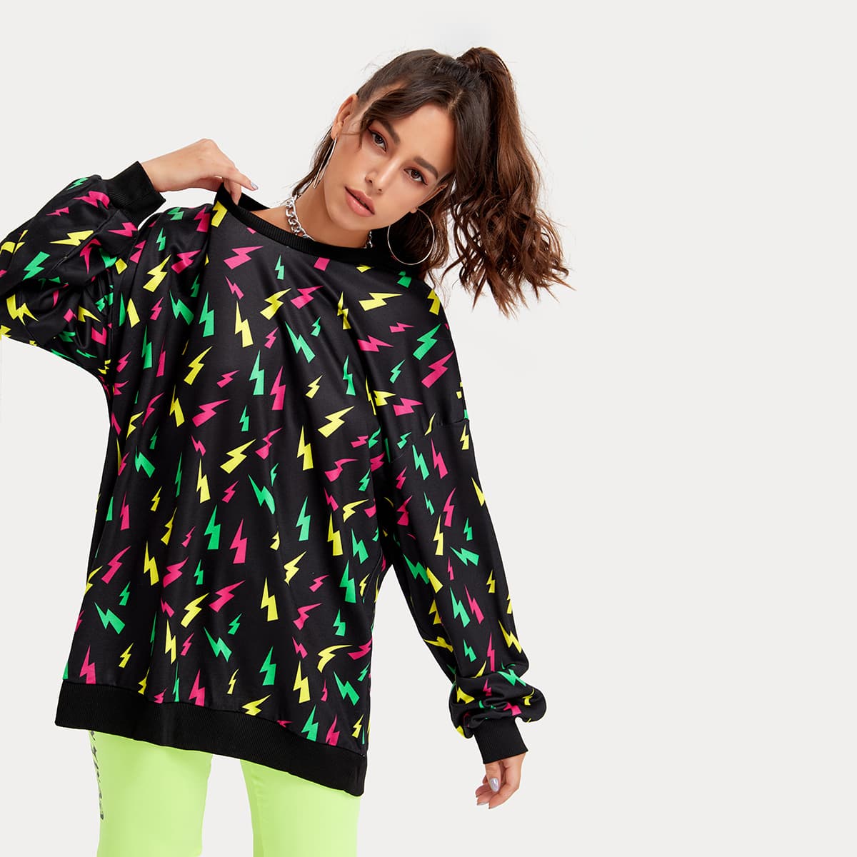 

Drop Shoulder Lightning Print Sweatshirt, Black