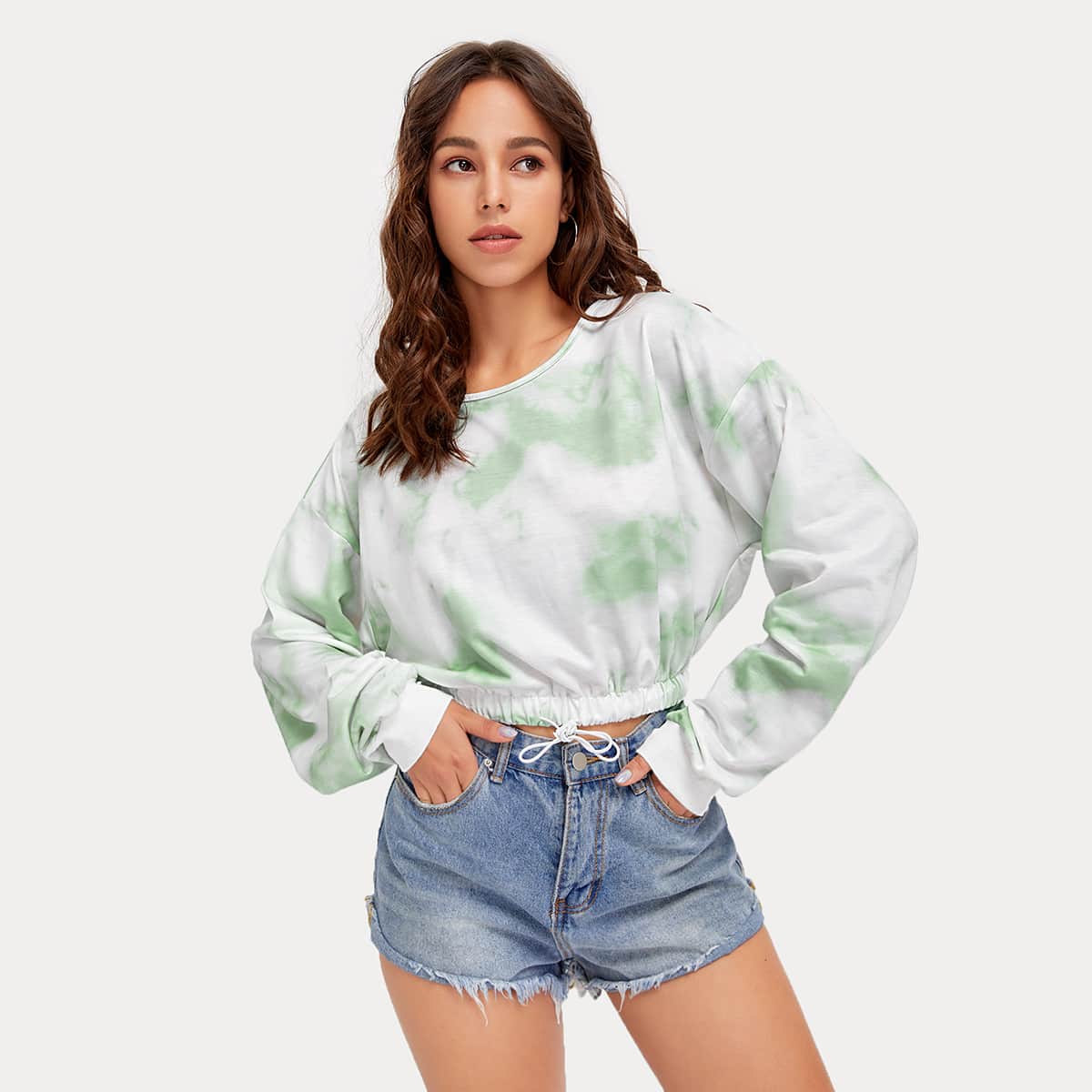 

Drop Shoulder Drawstring Hem Tie Dye Crop Sweatshirt, Multicolor