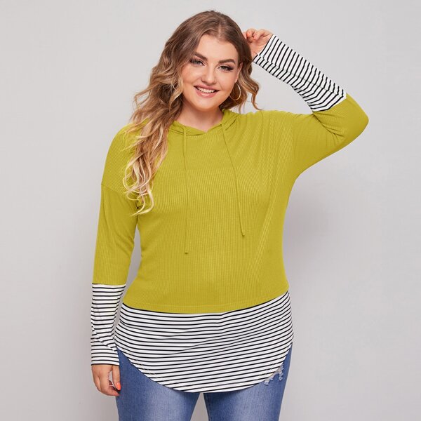 

Plus Contrast Striped Drawstring Hoodie, Mustard yellow