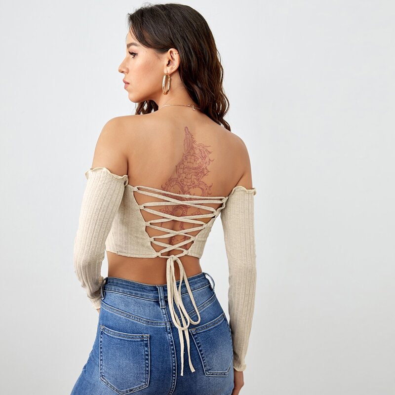 

Lettuce Edge Lace-up Back Bardot Crop Top, Beige