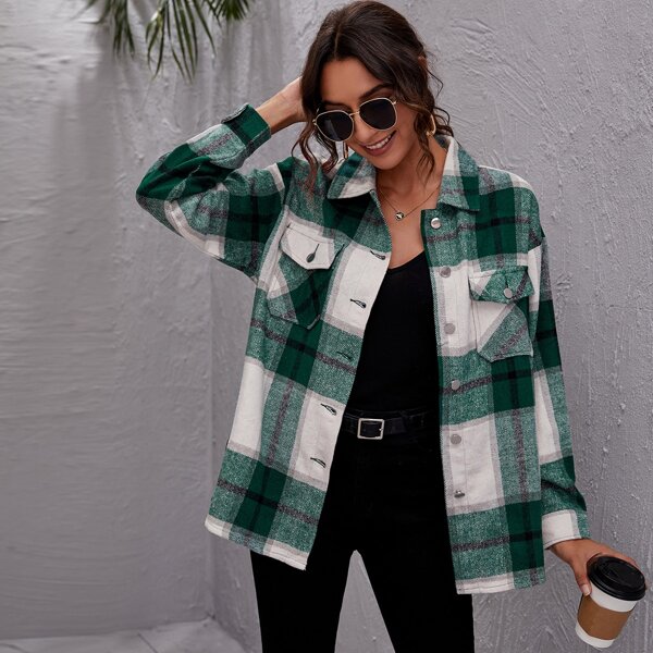 

Drop Shoulder Buttoned Plaid Coat, Multicolor
