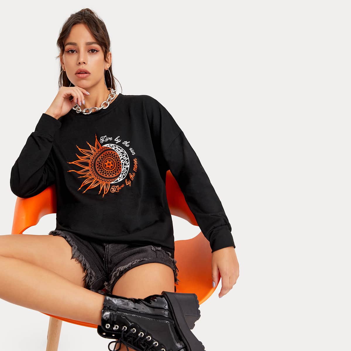 

Slogan Graphic Drop Shoulder Sweatshirt, Black