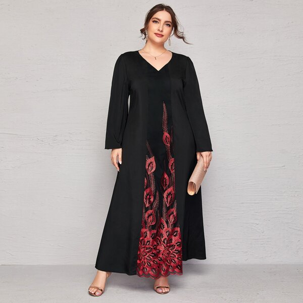

Plus Floral Embroidered Contrast Mesh Dress, Black