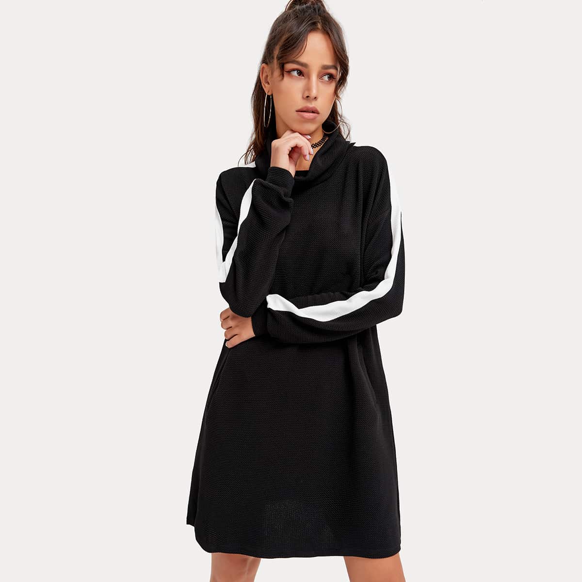 

Contrast Panel High Neck Sweatshirt Dress, Black