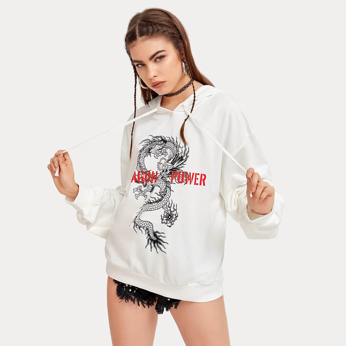

Chinese Dragon And Slogan Print Hoodie, White