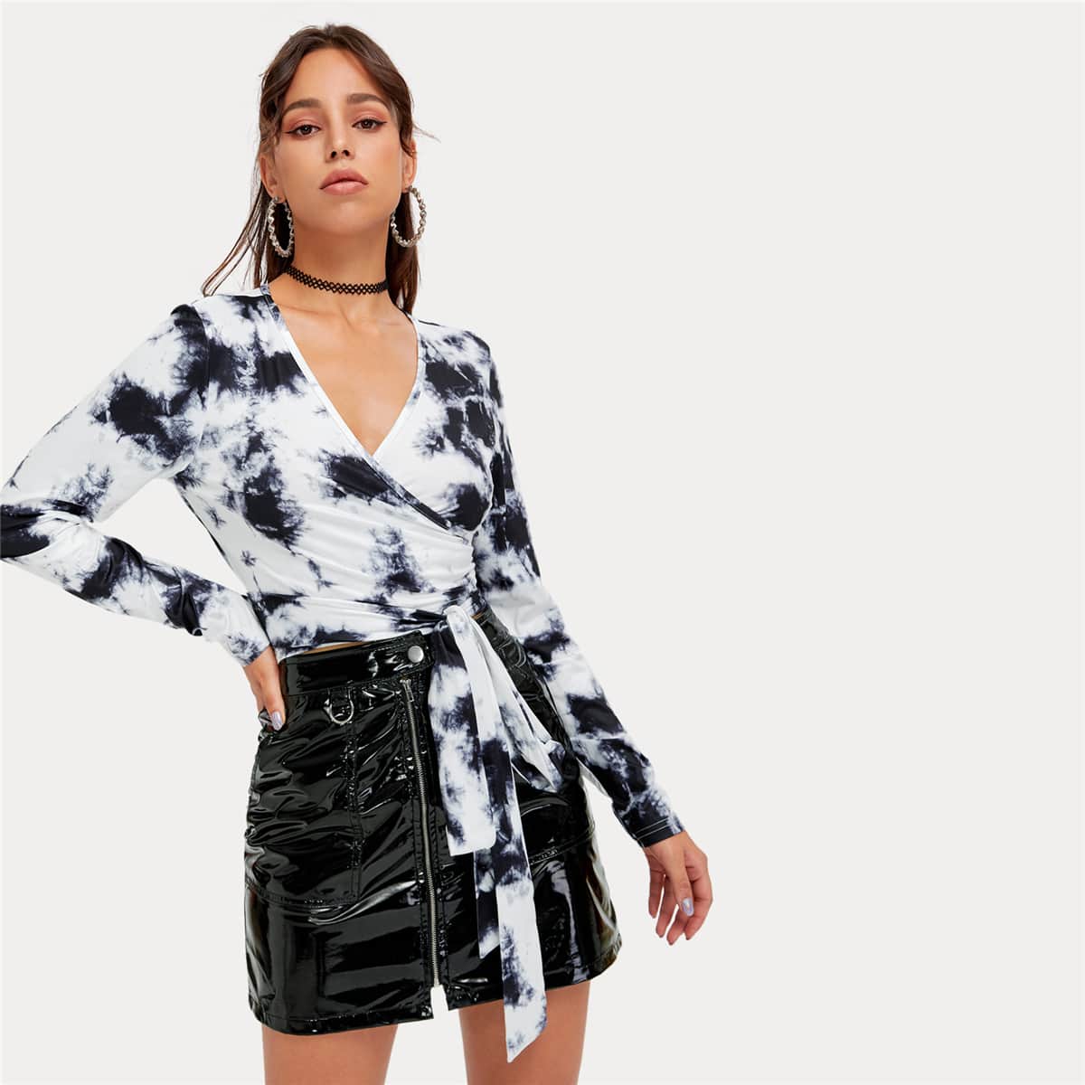 

Tie Dye Wrap Tie Front Crop Top, Black and white