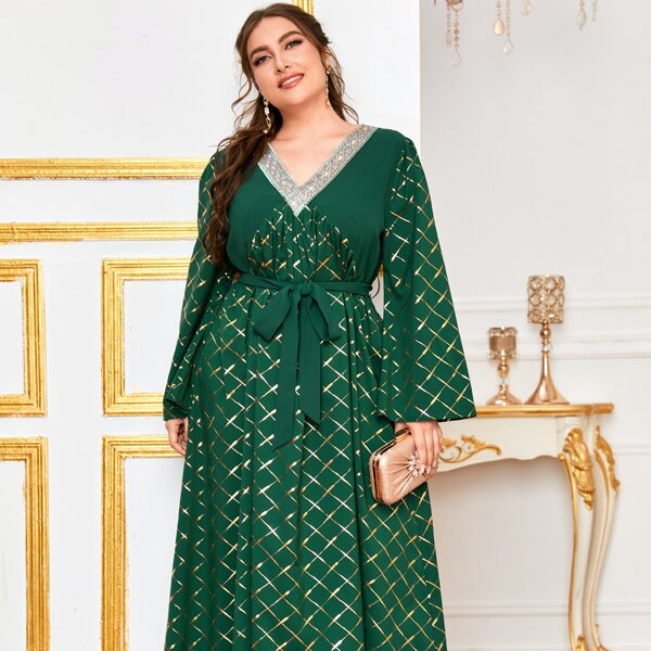 

Plus Argyle Print Sequin Neck A-line Dress, Dark green