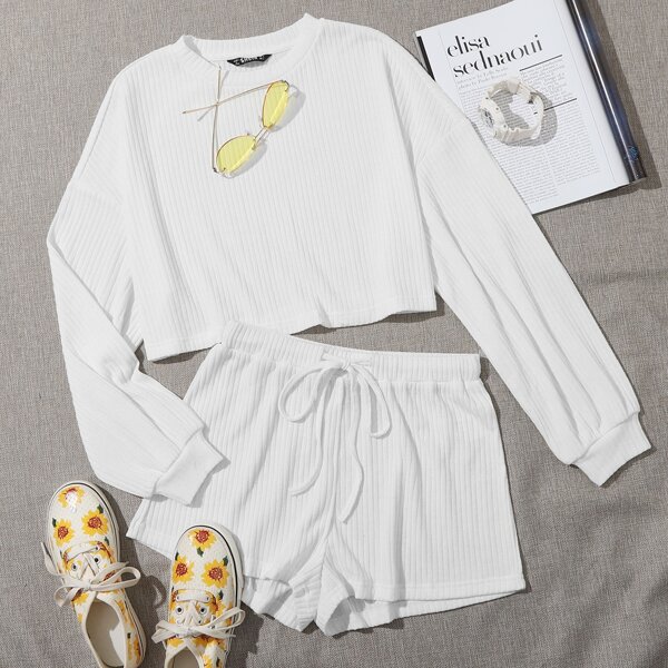 

Plus Drop Shoulder Rib-knit Top & Shorts Set, White