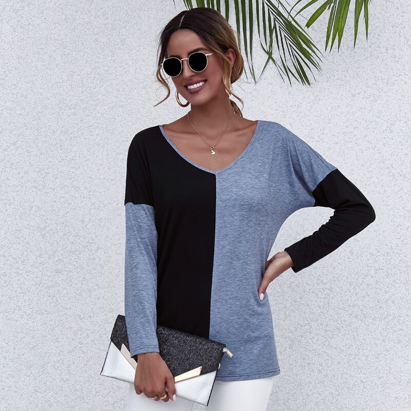 

V-neck Two Tone Tee, Multicolor