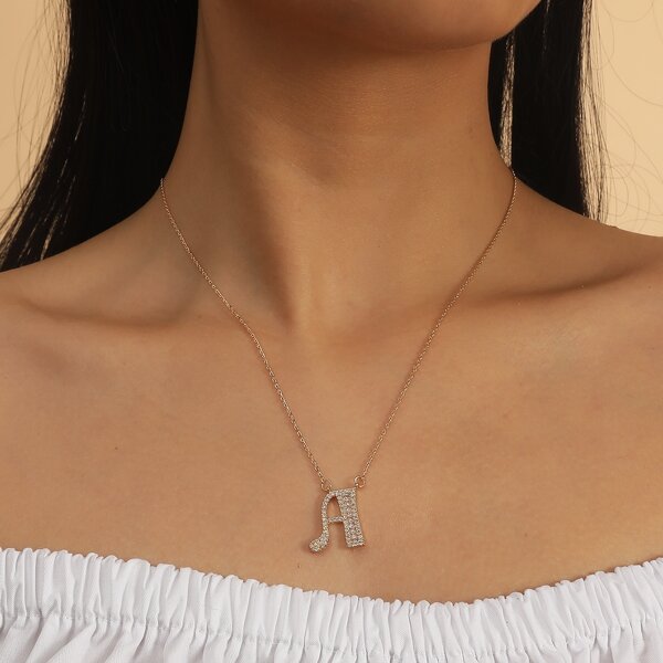 

Rhinestone Letter Charm Necklace, Gold