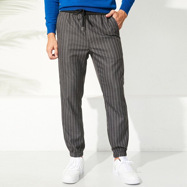 

Men Striped Drawstring Waist Pants, Dark grey