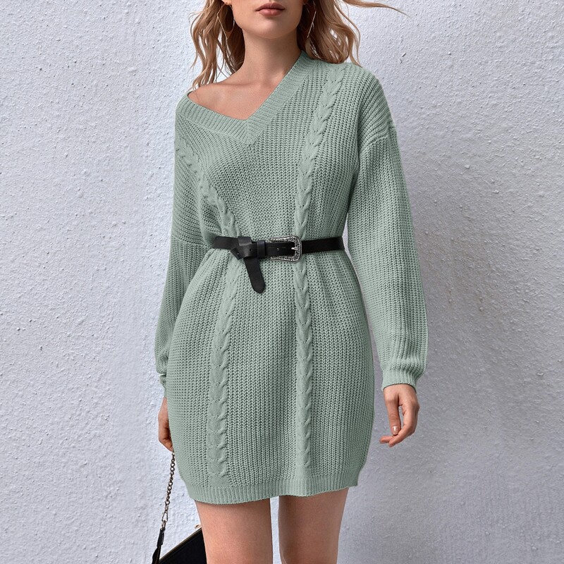 

Drop Shoulder Cable Knit Sweater Dress Without Belt, Pastel mint green