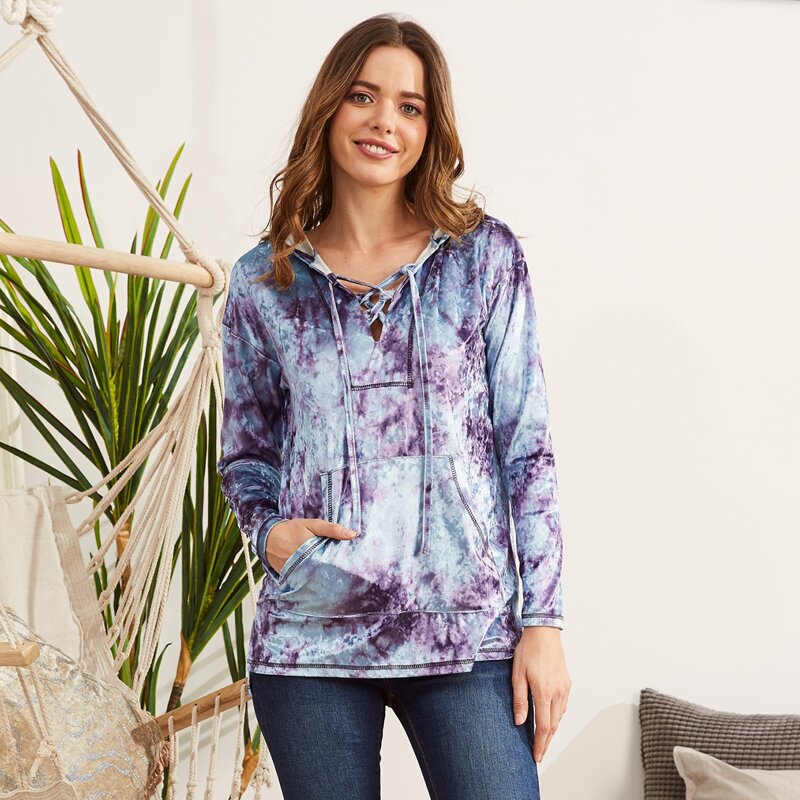 

LUUKSE Lace Up Kangaroo Pocket Tie Dye Hoodie, Multicolor