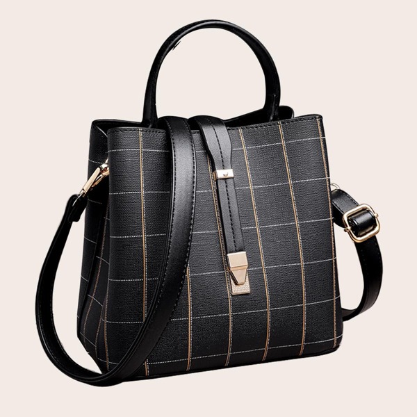 

Metal Decor Plaid Satchel Bag, Black