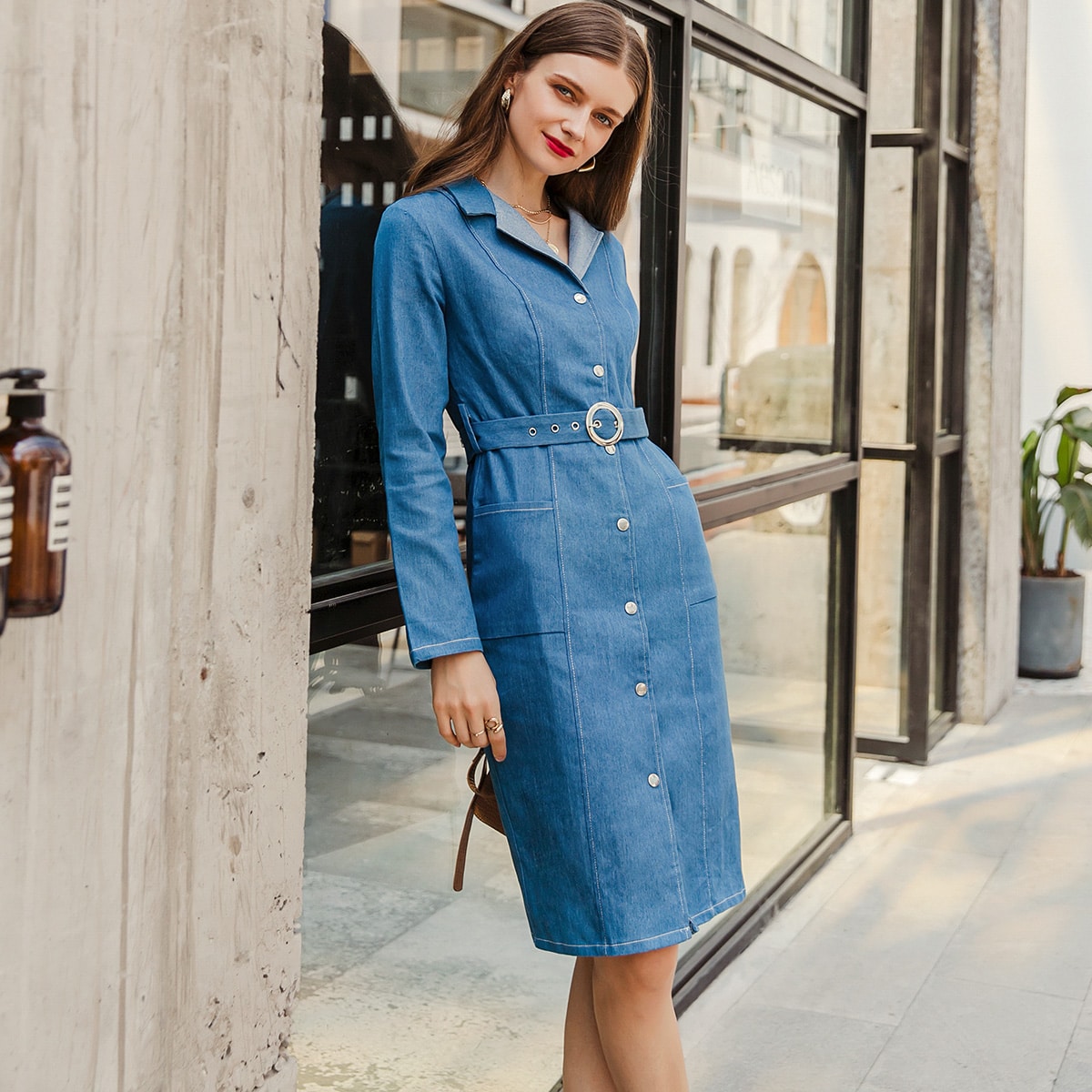 Image of Button Front O-ring Buckle Belted Denim Dress