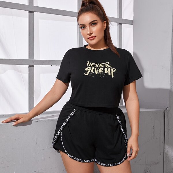 

Plus Slogan Graphic Crop Sports Tee & Letter Tape Shorts, Black