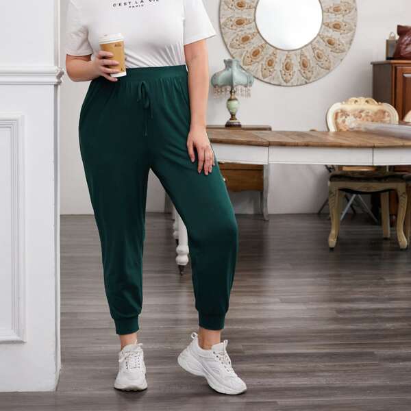 

Plus Knot Front Solid Sweatpants, Dark green