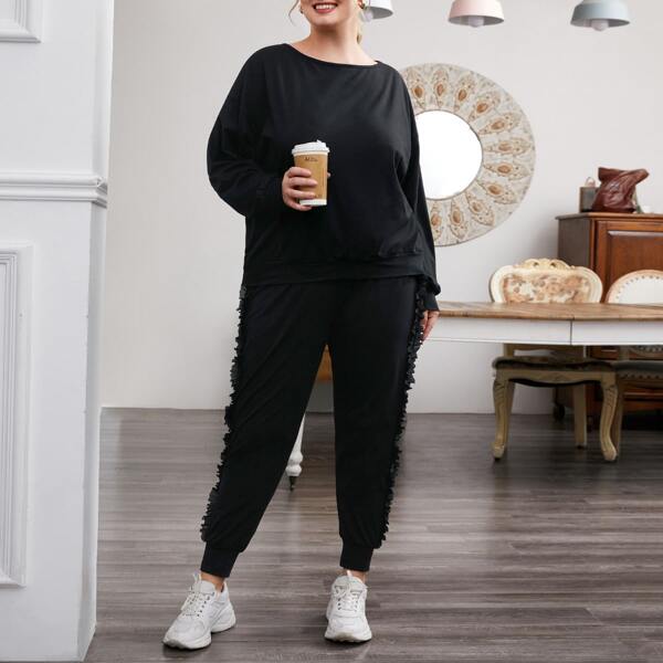 

Plus Drop Shoulder Sweatshirt & Ruffle Trim Sweatpants, Black