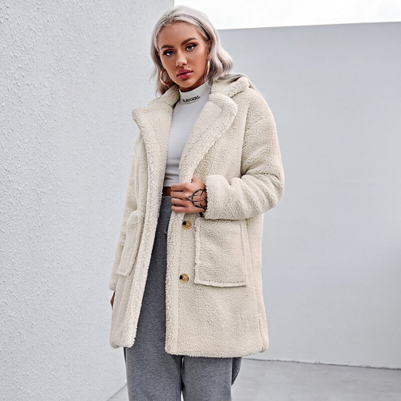 

Lapel Collar Dual Pockets Teddy Coat, Beige