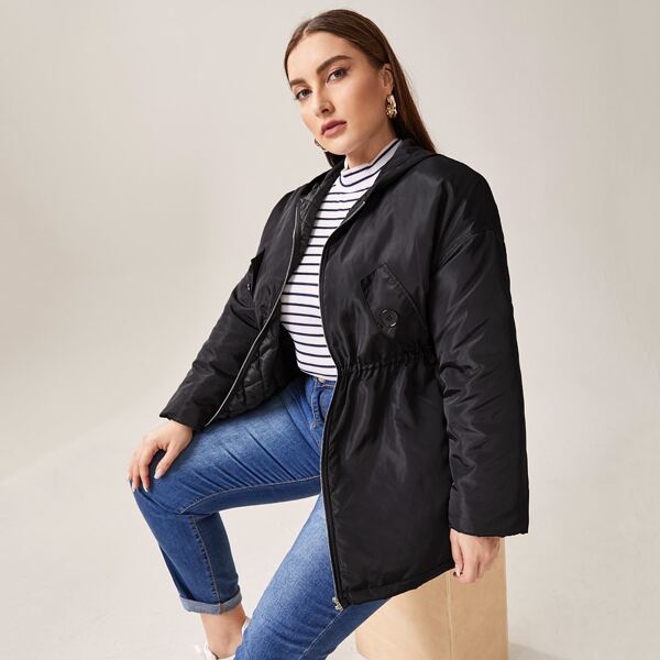 

Plus Drawstring Zip Up Hooded Jacket, Black