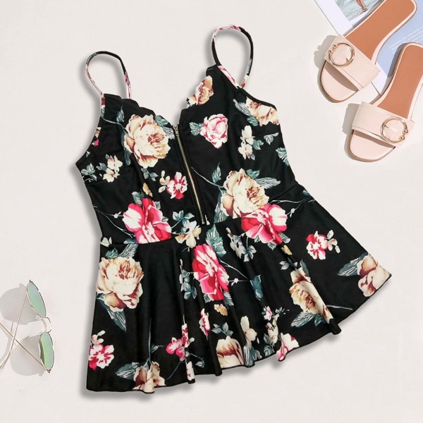 

Plus Floral Print Zip Detail Peplum Cami Top, Black