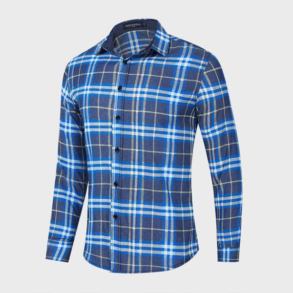 

Men Plaid Button Front Denim Shirt, Navy blue