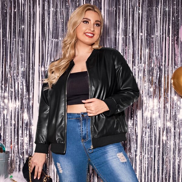 

Plus PU Drop Shoulder Bomber Jacket, Black
