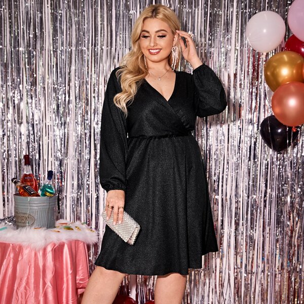 

Plus Glitter Surplice Front Bishop Sleeve Dress, Black