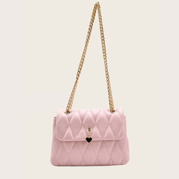 

Heart Decor Quilted Flap Shoulder Bag, Pink