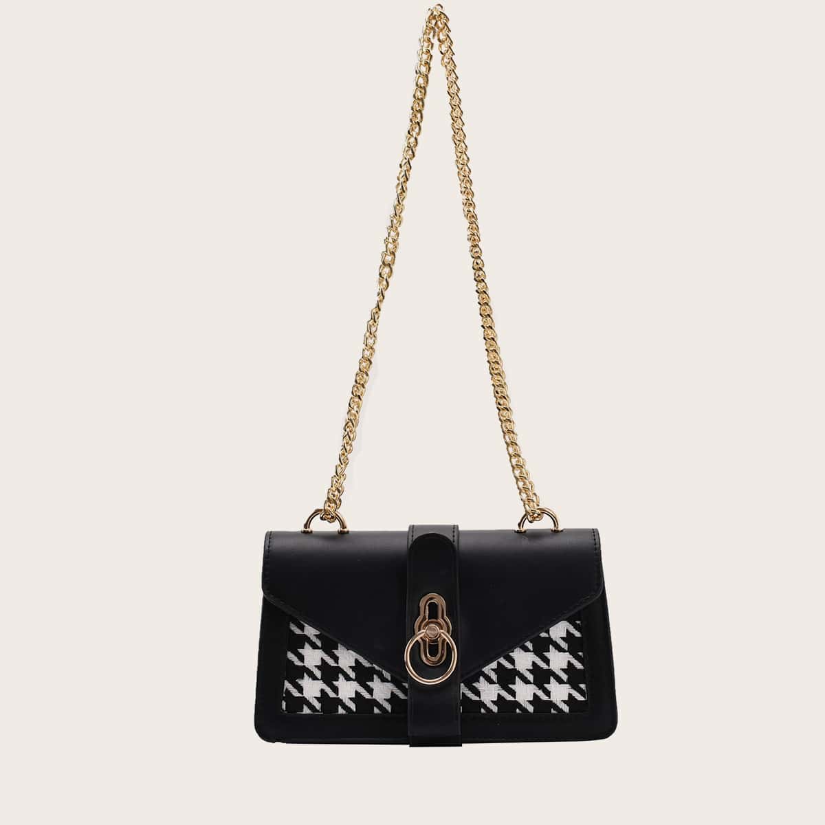 

Houndstooth Pattern Chain Shoulder Bag, Black