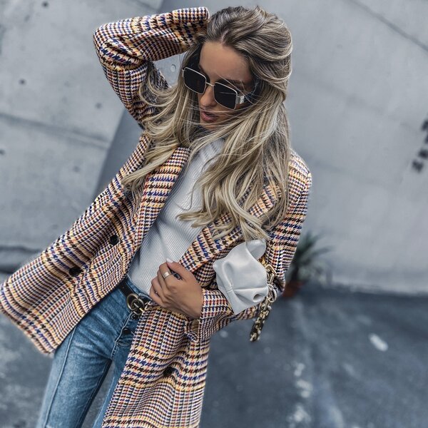 

Houndstooth Print Double Breasted Lapel Collar Blazer, Multicolor
