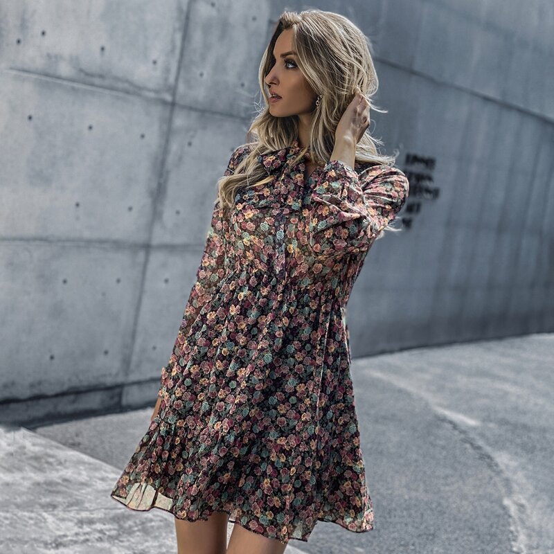 

All Over Floral Print Ruffle Hem Tie Neck Dress, Multicolor