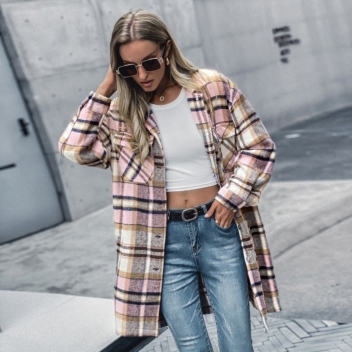 Image of Drop Shoulder Flap Pocket Plaid Overcoat