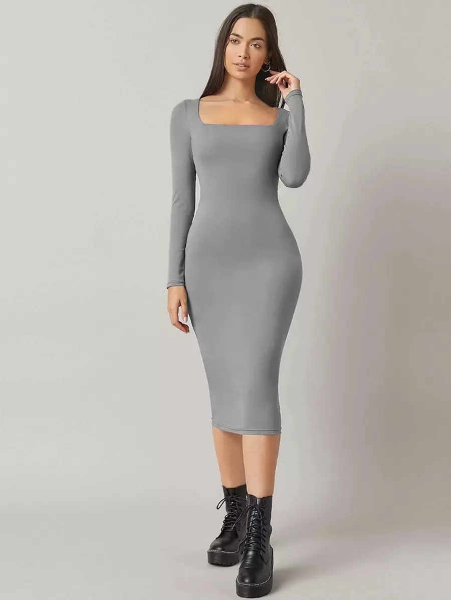 SHEIN BASICS 含棉方領緊身洋裝 - 灰色 - 查看 1