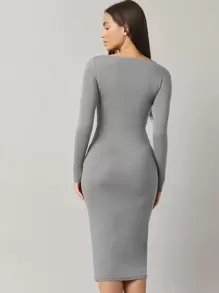 SHEIN BASICS 含棉方領緊身洋裝 - 灰色 - 查看 2