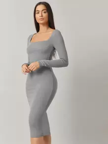 SHEIN BASICS 含棉方領緊身洋裝 - 灰色 - 查看 3