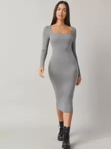 SHEIN BASICS 含棉方領緊身洋裝 - 灰色 - 查看 4