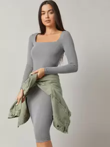 SHEIN BASICS 含棉方領緊身洋裝 - 灰色 - 查看 5