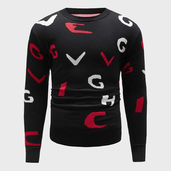 

Men Letter Pattern Crew Neck Sweater, Black