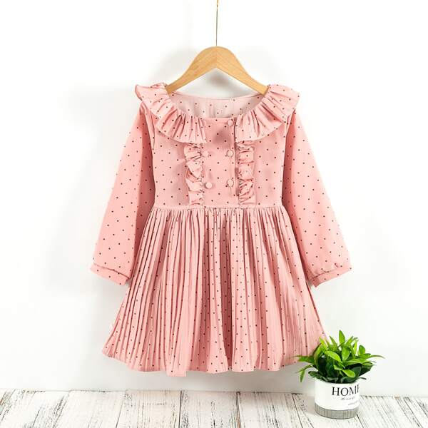 

Girls Polka Dot Ruffle Trim Pleated Dress, Coral pink