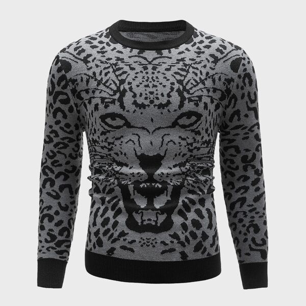 

Men Leopard Pattern Crew Neck Sweater, Grey