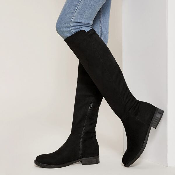 

Faux Suede Over The Knee Low Heel Boots, Black