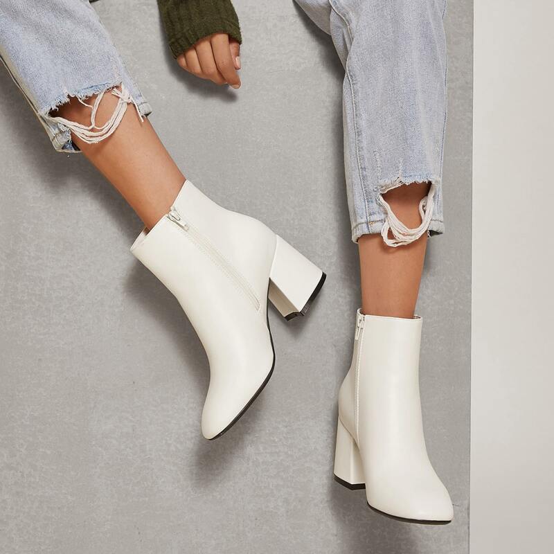 

Fake Leather Zip-Up Block Heel Boots, White