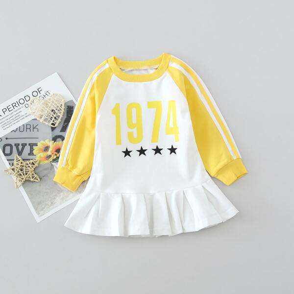 

Toddler Girls Striped Tape Side Number Print Sweatshirt Dress, Multicolor