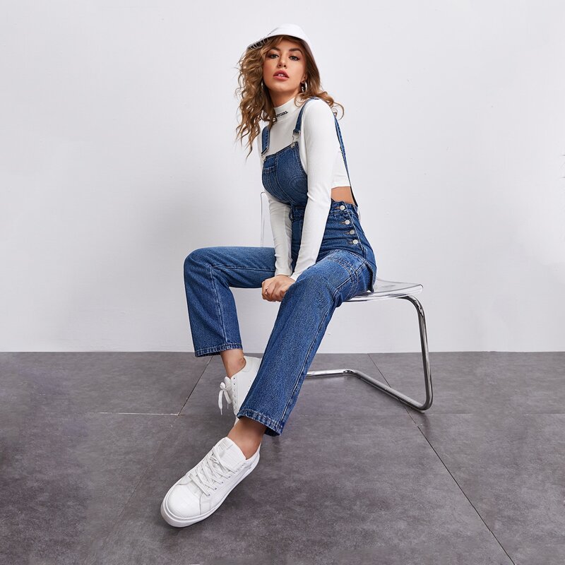 

Button Side Patch Pocket Denim Overalls, Medium wash