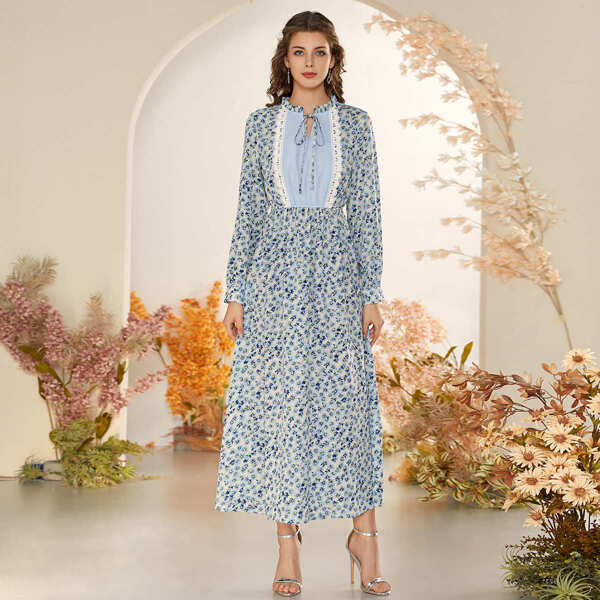 

Floral Tie Neck Lace Trim Dress, Dusty blue