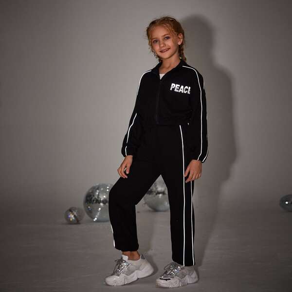 

Girls Letter Graphic Reflective Contrast Binding Zipper Up Jacket & Pants Set, Black