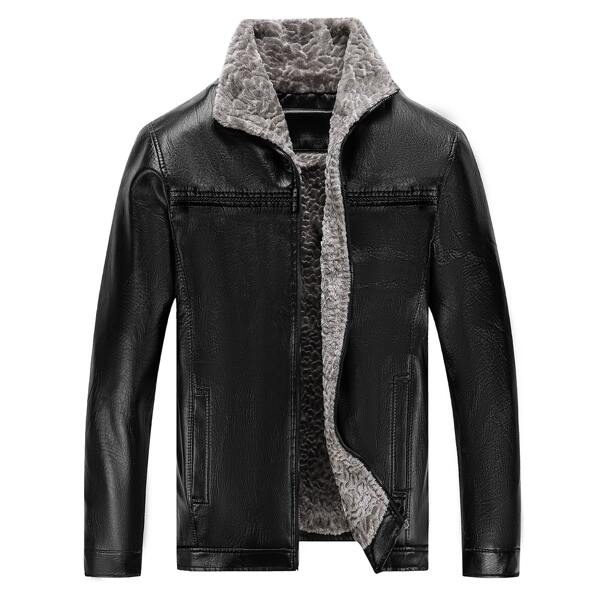 

Men PU Plush Lined Funnel Neck Jacket, Black