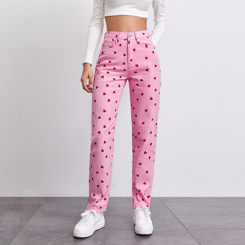 

High Waist Heart Print Straight Jeans, Pink