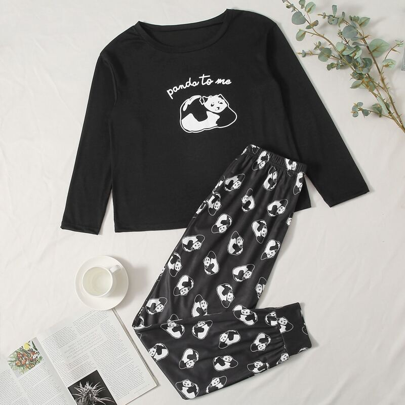 

Cartoon Panda Print PJ Set, Black